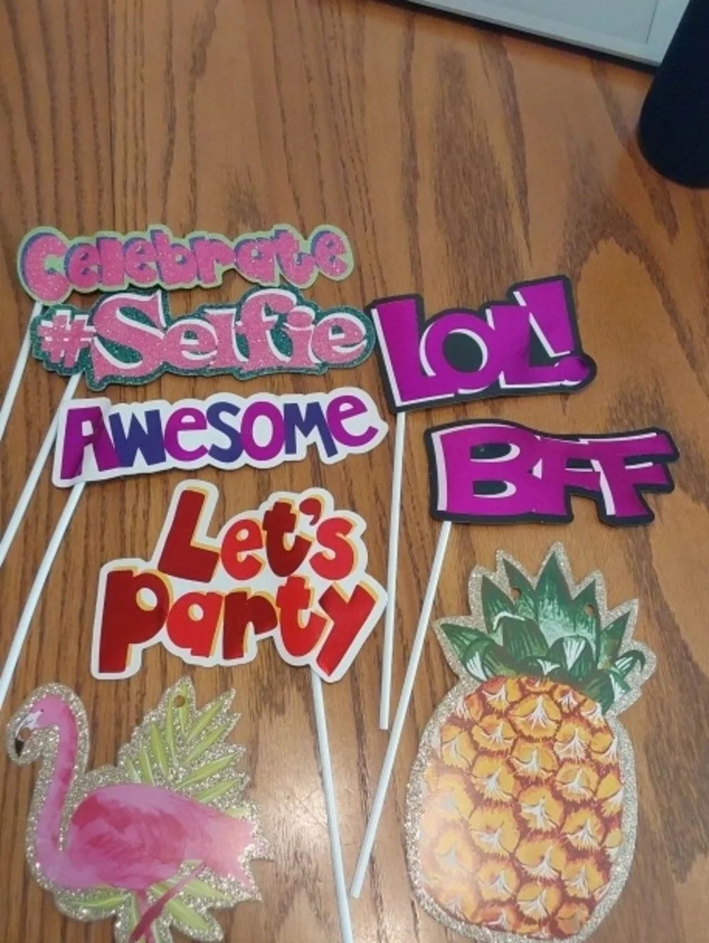Let's Party Photo Props Set - Pink Flamingo, Pineapple & Text Signs